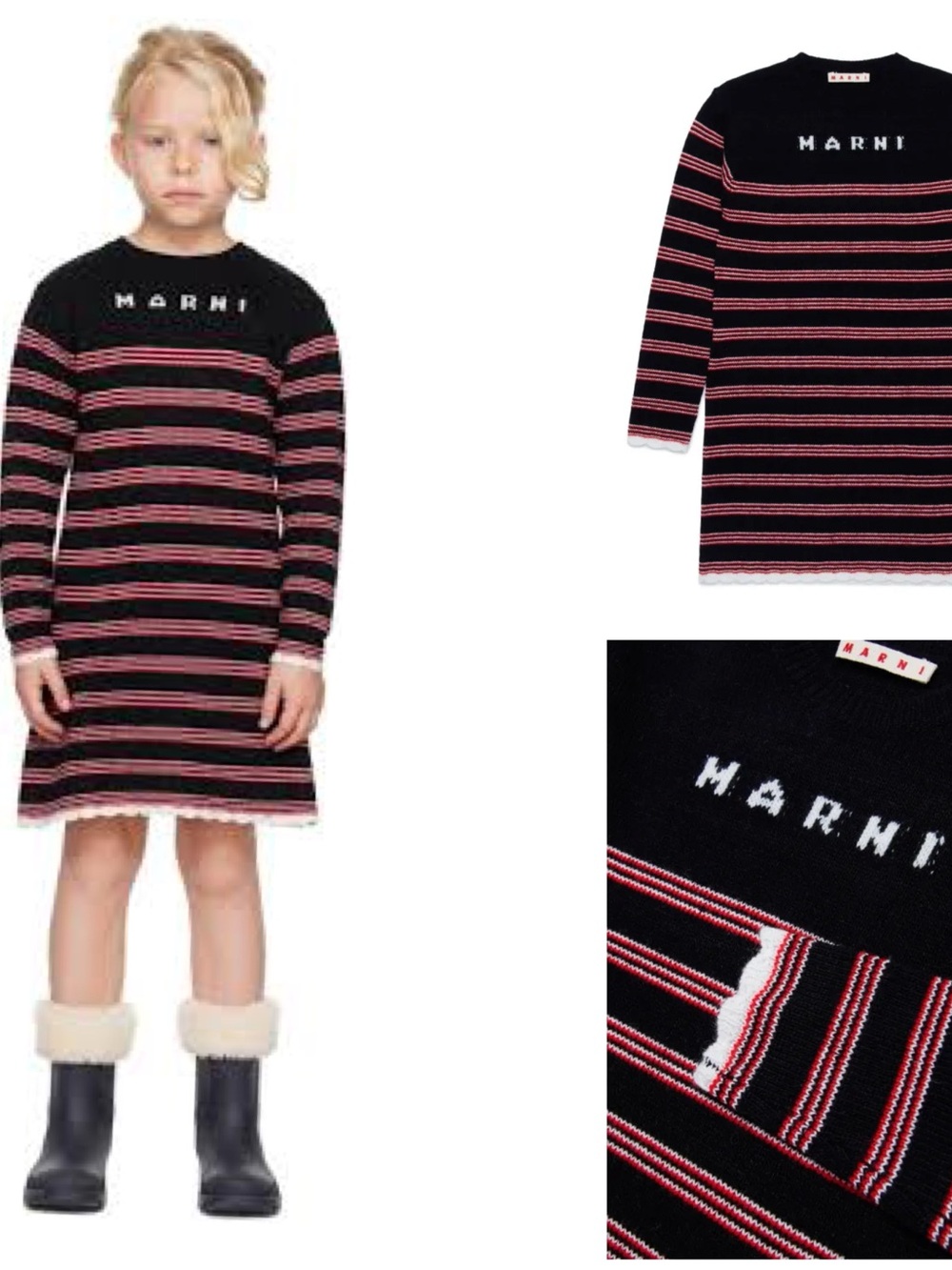 Marni Kids Intarsia Knit Logo Designer Black Red Striped Scalloped $569 Dress 4